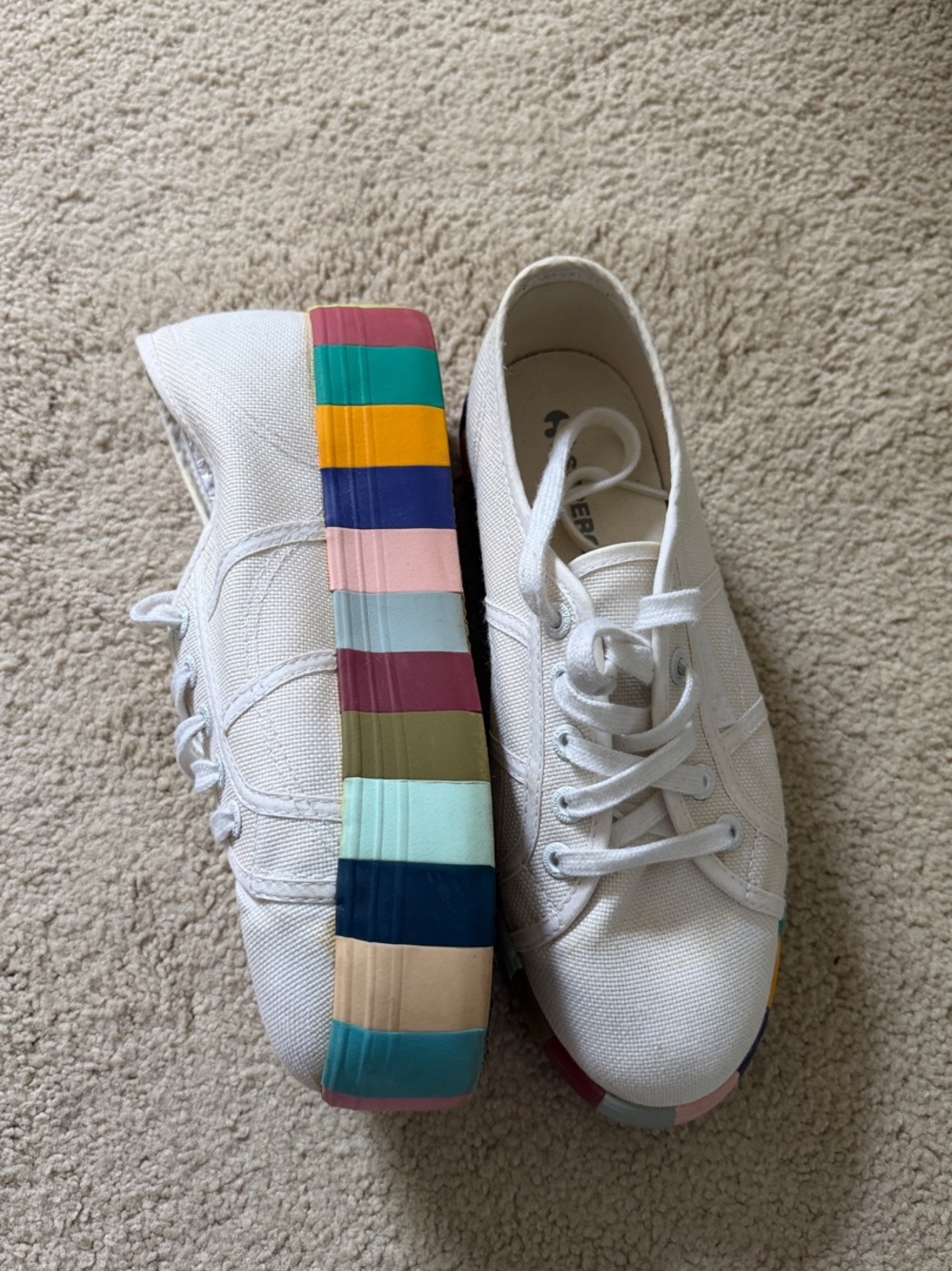 White Platform Superga Sneakers with Multicolor Striped Sole